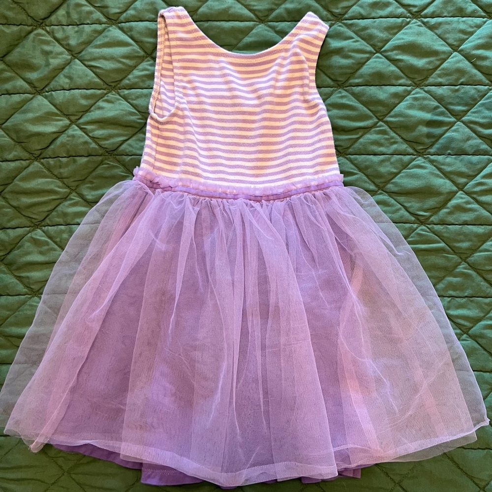 Mini boden 5-6 purple striped twirly dress with soft tulle. EUC